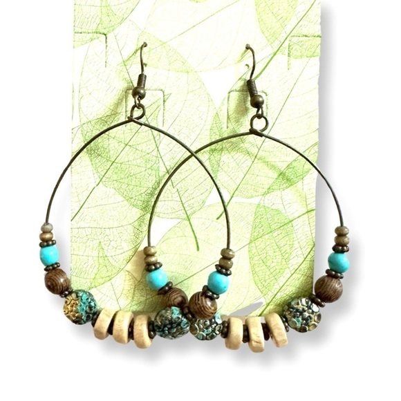 Vintage Style Turquoise & Bronze Color Round Hoop Earrings - Picture 2 of 5
